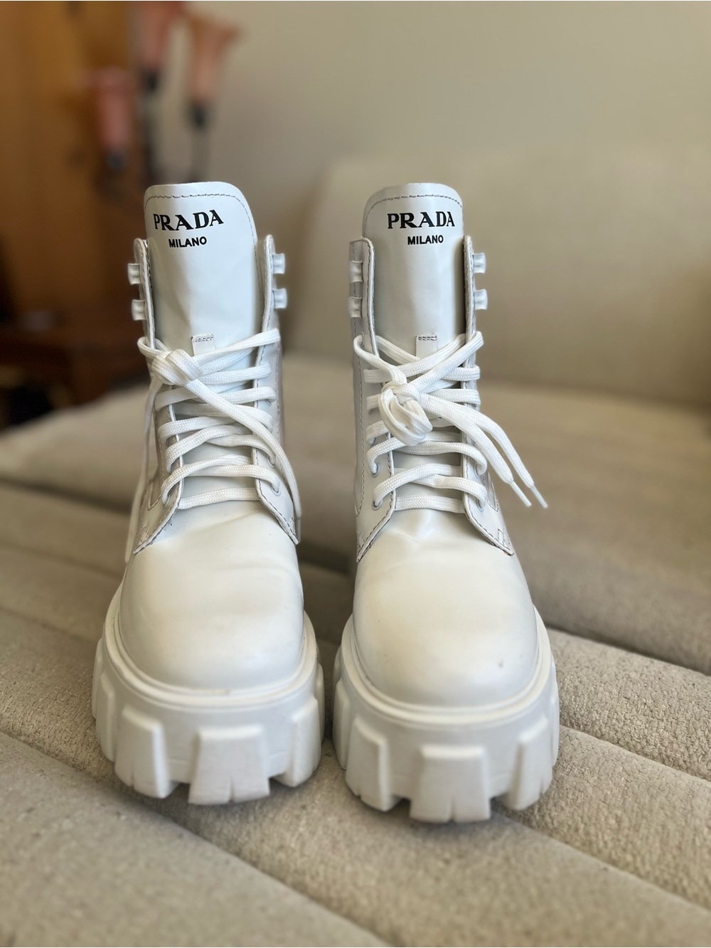 PRADA Monolith Re-Nylon White Combat Boots Size 36